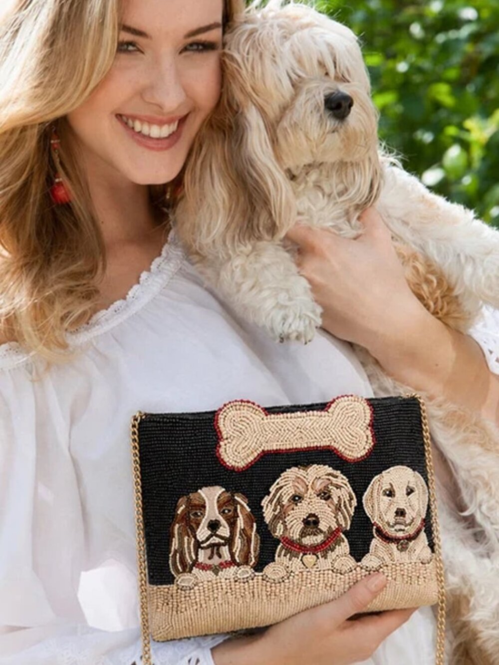 Mary Frances Pawsome Puppy Dog Bone Beaded Handbag Zip Bag Black Cream Purse NEW